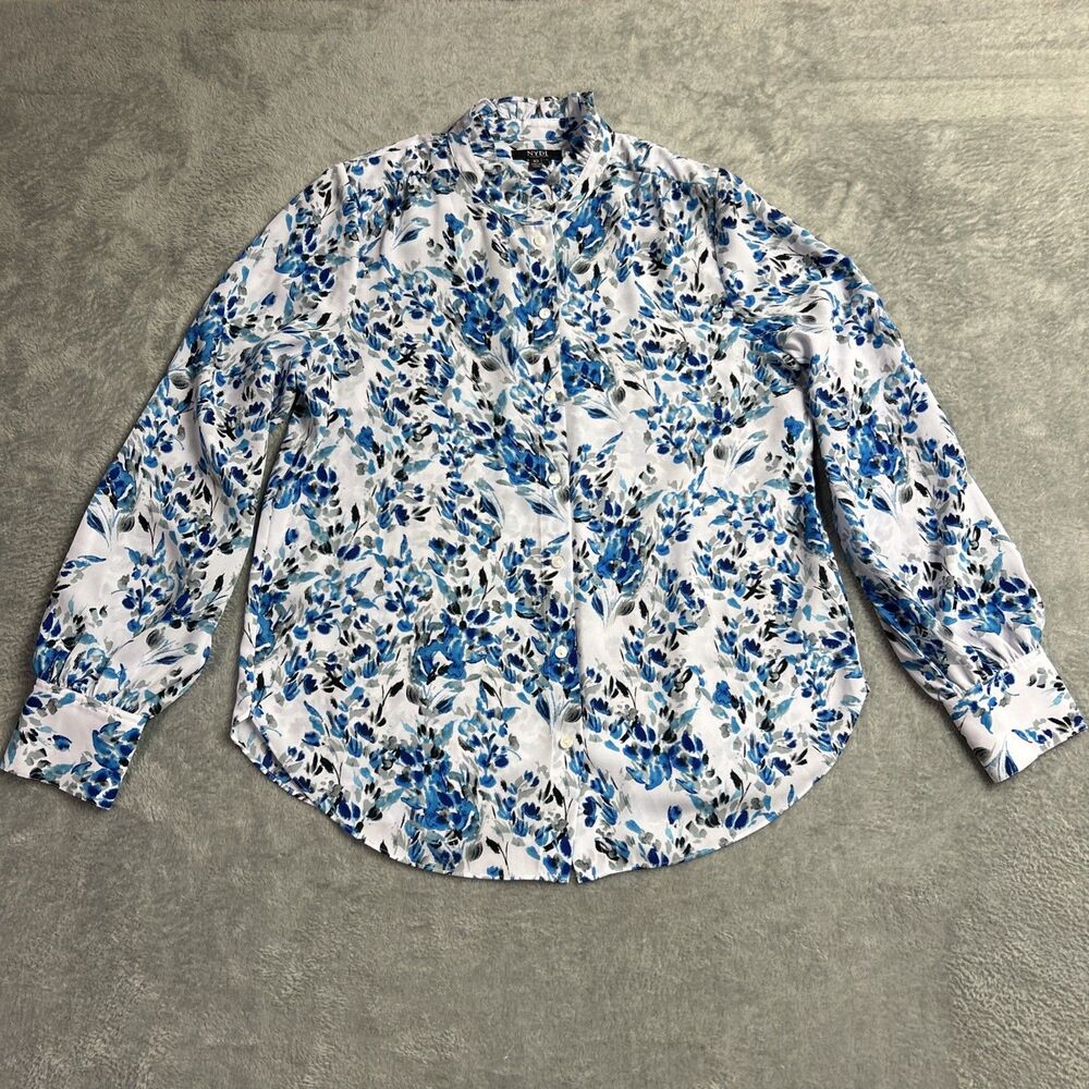 NYDJ Blue Floral Button Up Womens Blouse Shirt Top Sz. XS Long Sleeve Y2K Boho